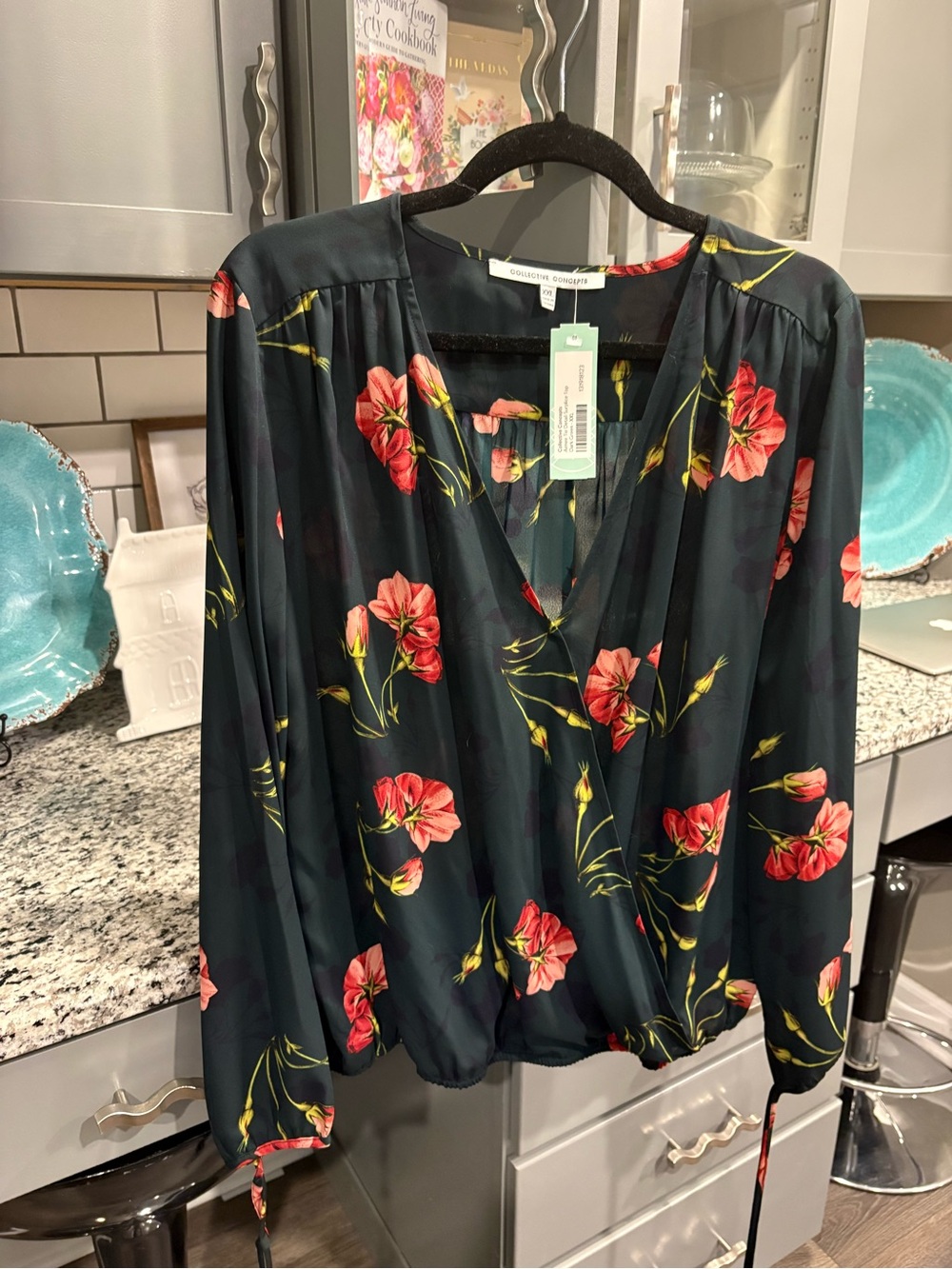 Floral V-Neck Long Sleeve Blouse - Dark Green and Black with Red Floral - Picture 2 of 6